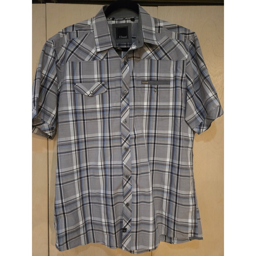 7 Diamonds Mens Plaid Western Snap Front Shirt‎ Gray Blue Short Sleeve XL